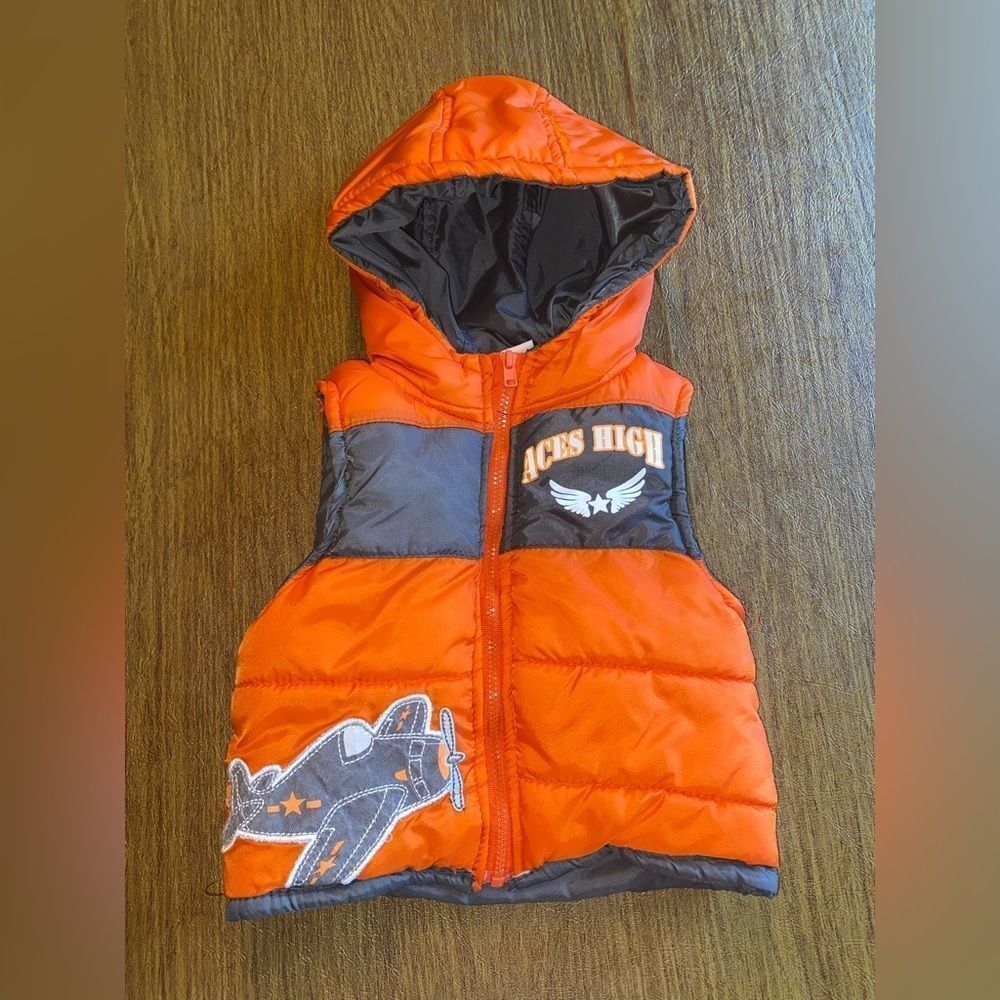 Little Rebels Aces High Orange Sleeveless Hooded Puffer Jacket Boys size 12M